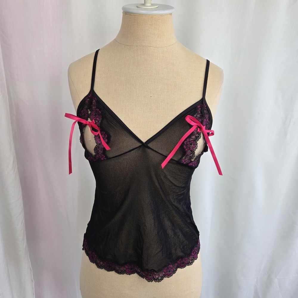 Victoria's Secret Vtg Y2K Black‎ Mesh Peek-a-Boo Camisole Size S Pink Lace Top